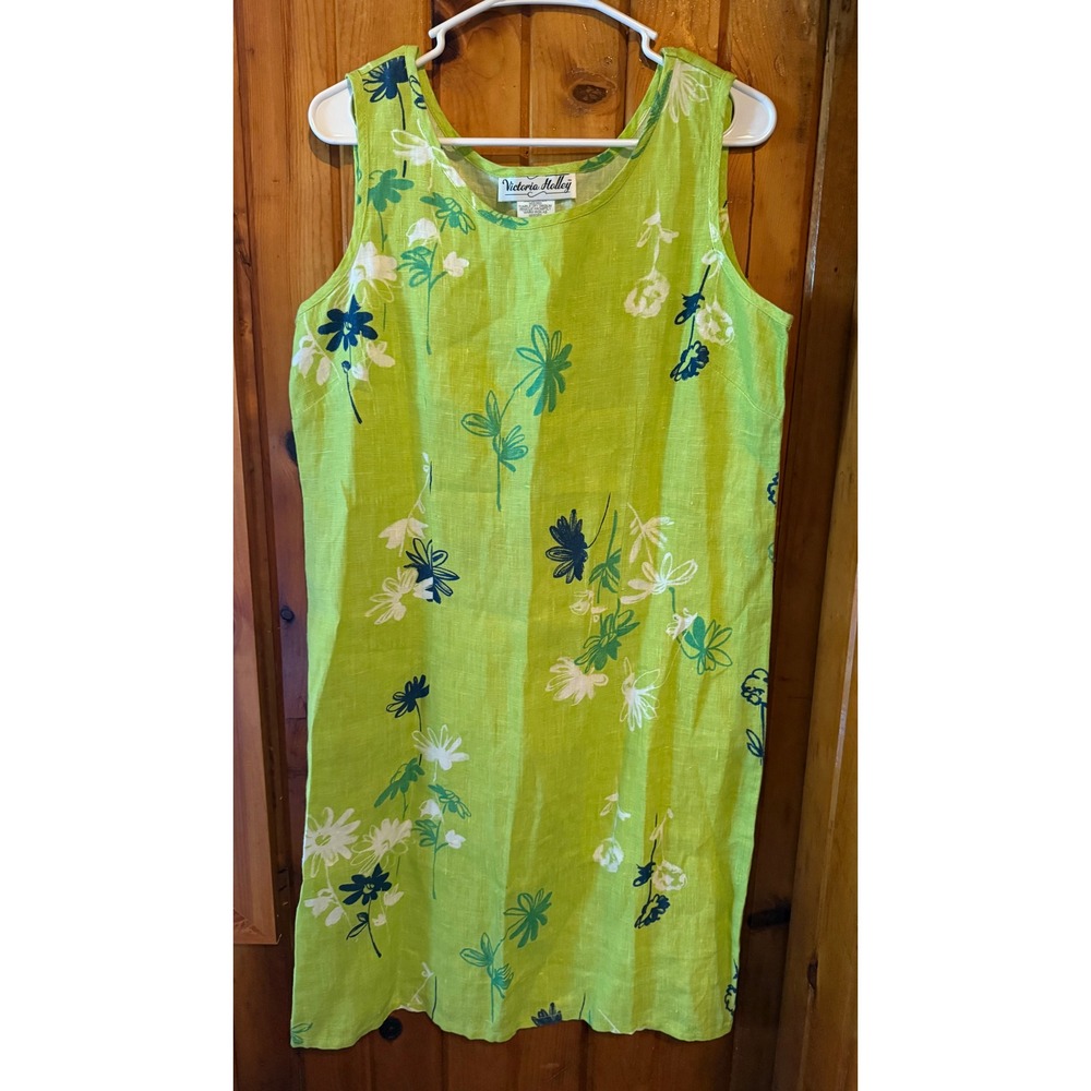 Victoria Holley Floral Linen Dress Green White Blue Size 14 Sleeveless Summer
